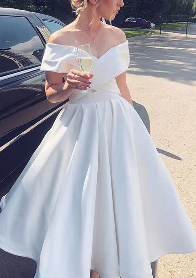 Off-the-Shoulder Satin Tea-Length Wedding Dress with Corset Back - Vintage Bridal Gown
