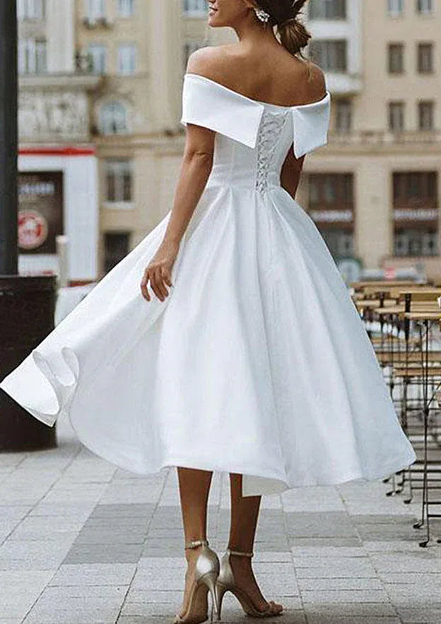 Off-the-Shoulder Satin Tea-Length Wedding Dress with Corset Back - Vintage Bridal Gown