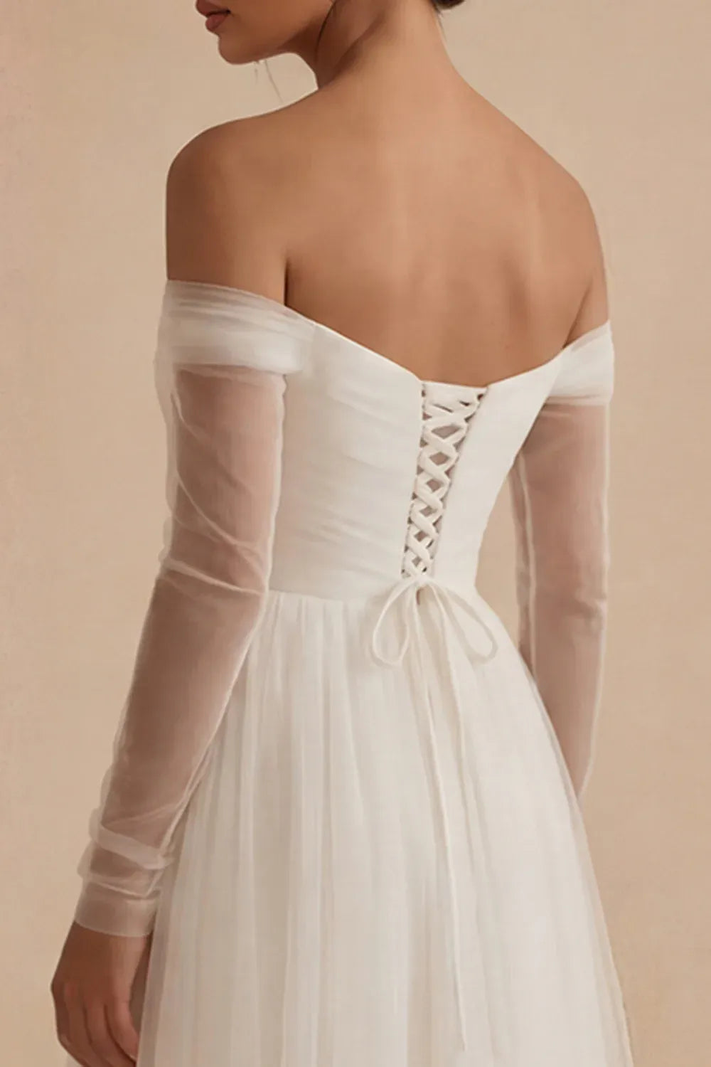 Off-the-Shoulder Sheer Tulle Long Sleeve Midi Wedding Dress