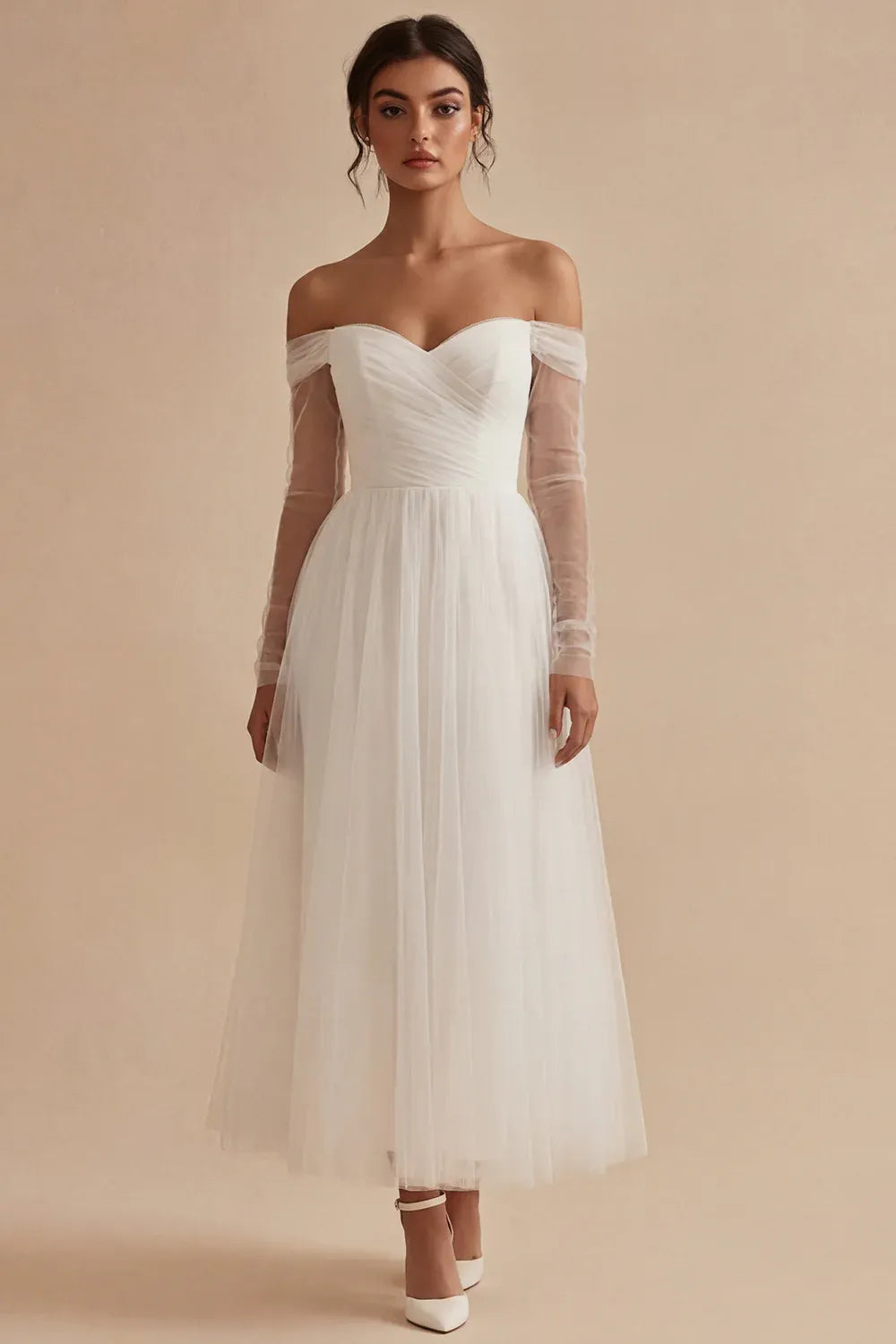 Off-the-Shoulder Sheer Tulle Long Sleeve Midi Wedding Dress