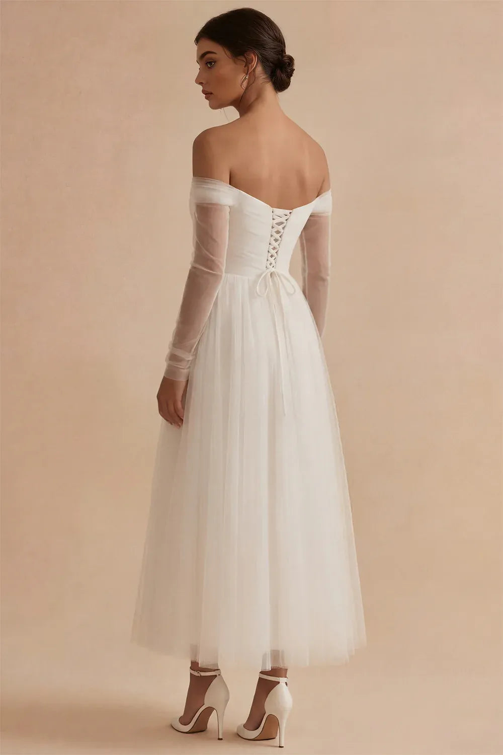 Off-the-Shoulder Sheer Tulle Long Sleeve Midi Wedding Dress