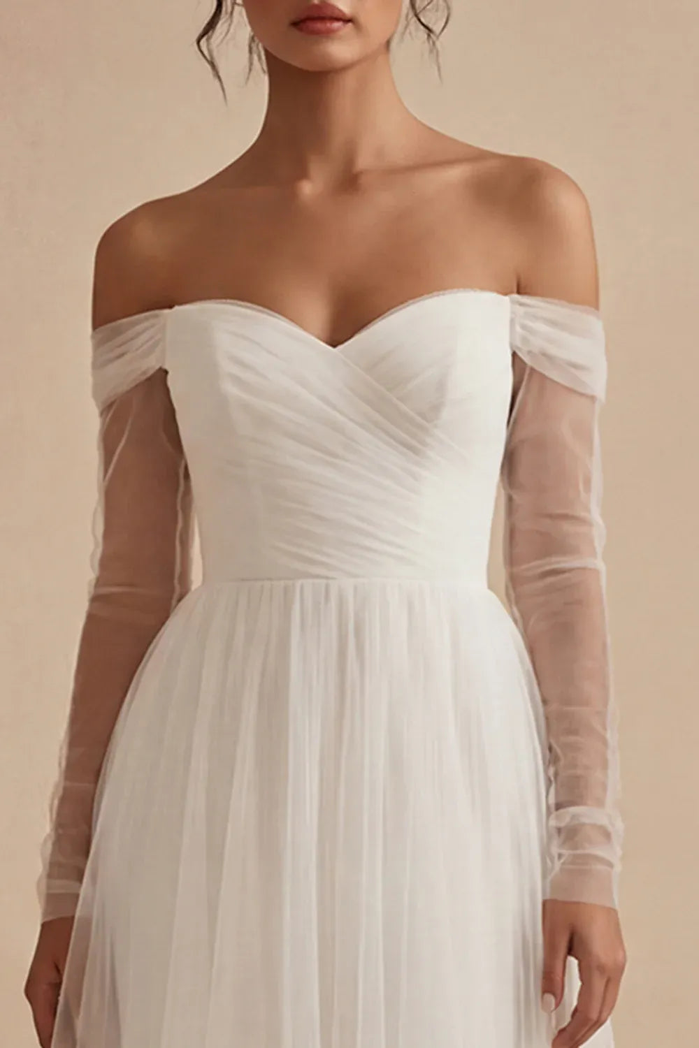Off-the-Shoulder Sheer Tulle Long Sleeve Midi Wedding Dress