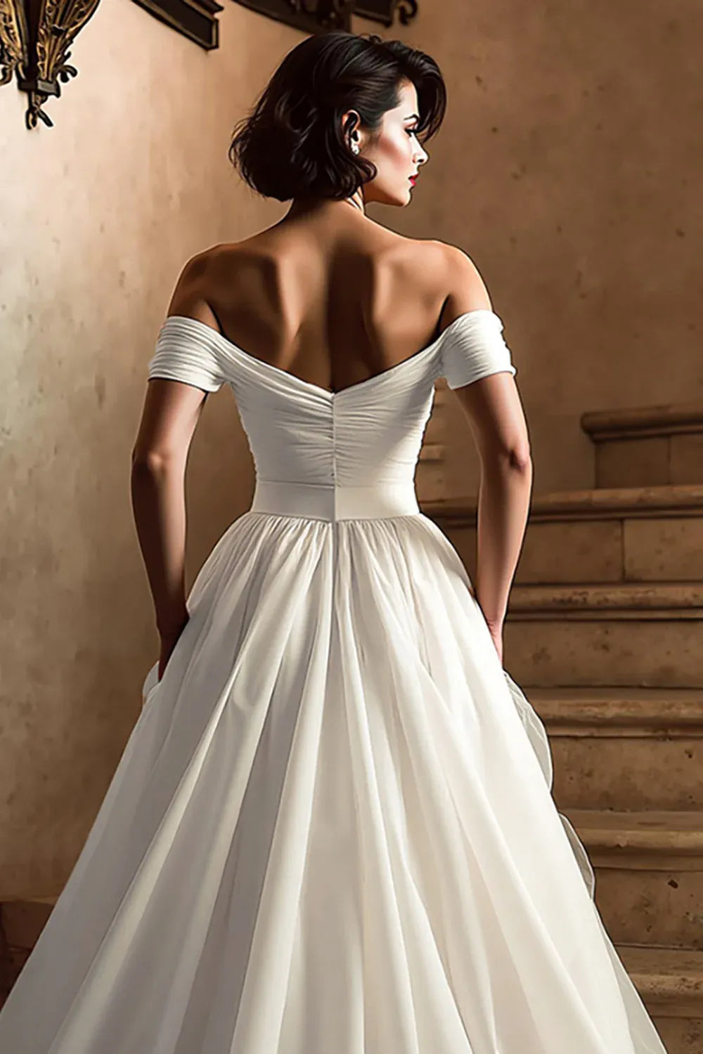 Off-the-Shoulder Tulle A-Line Wedding Dress with Ruched Bodice - Romantic Bridal Gown