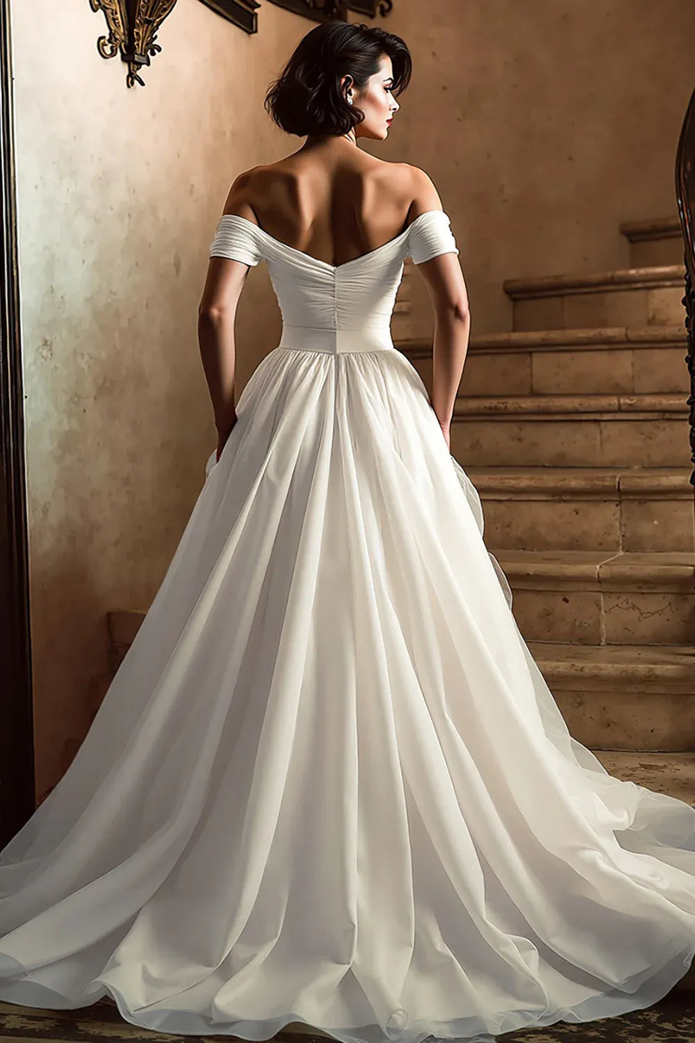 Off-the-Shoulder Tulle A-Line Wedding Dress with Ruched Bodice - Romantic Bridal Gown