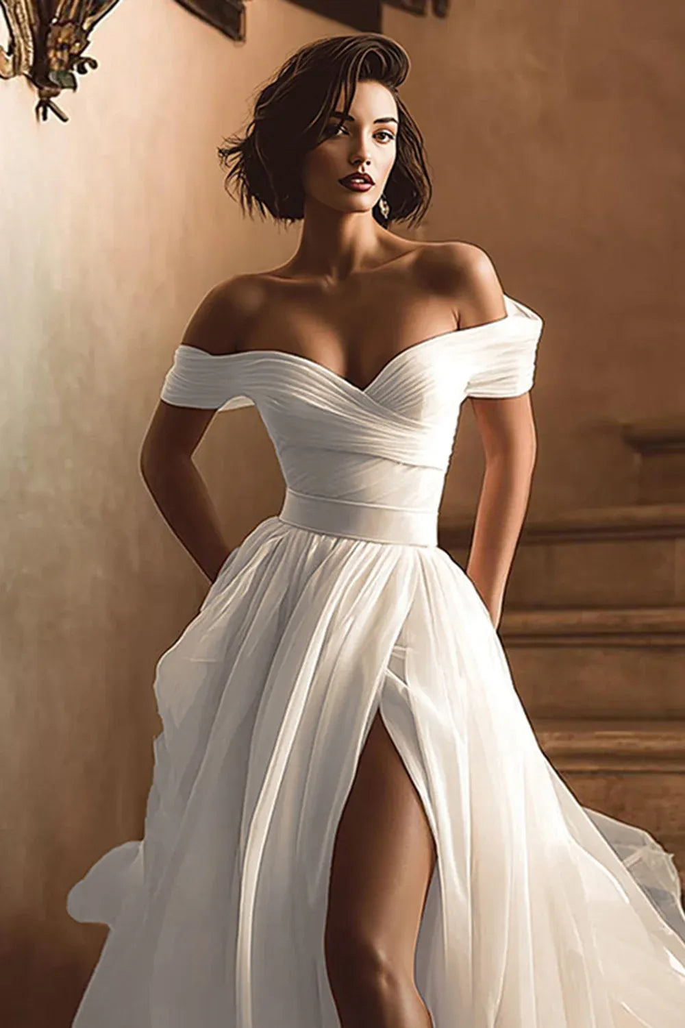 Off-the-Shoulder Tulle A-Line Wedding Dress with Ruched Bodice - Romantic Bridal Gown