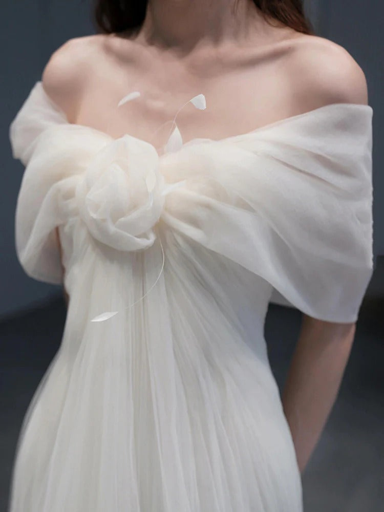 Off-the-Shoulder Tulle Wedding Dress with Floral Bow Detail and Sweep Train
