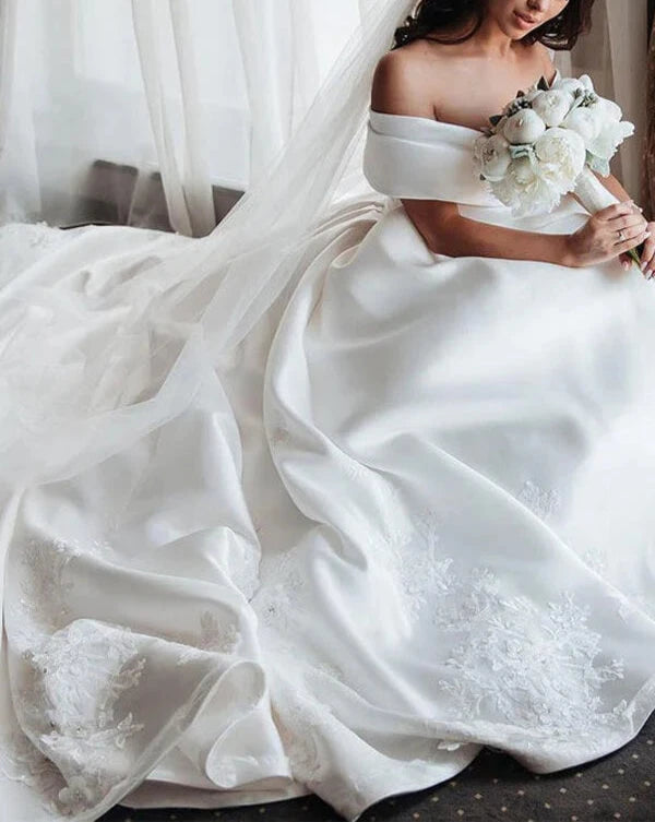 NumberSea Simple Ivory Ball Gown Satin Lace Off-the-Shoulder Wedding Dresses