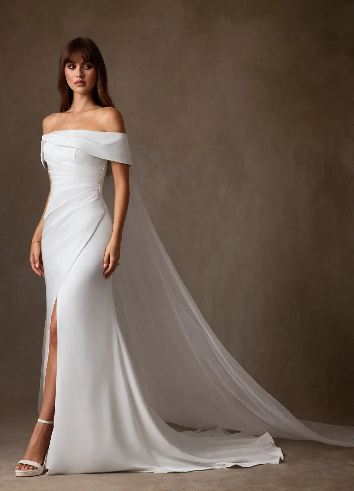 Off-the-shoulder Neckline With Draped Detail Off-the-Shoulder Crepe Mermaid Wedding Dress with Slit
