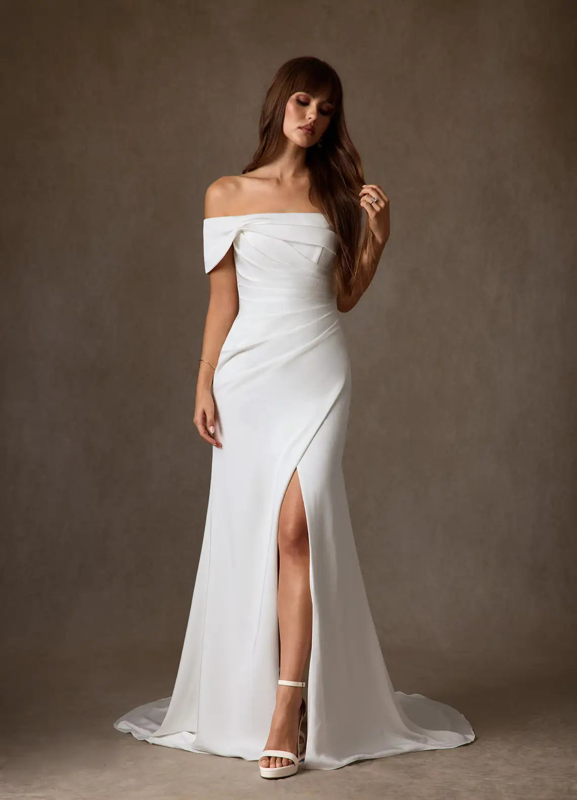 Off-the-shoulder Neckline With Draped Detail Off-the-Shoulder Crepe Mermaid Wedding Dress with Slit