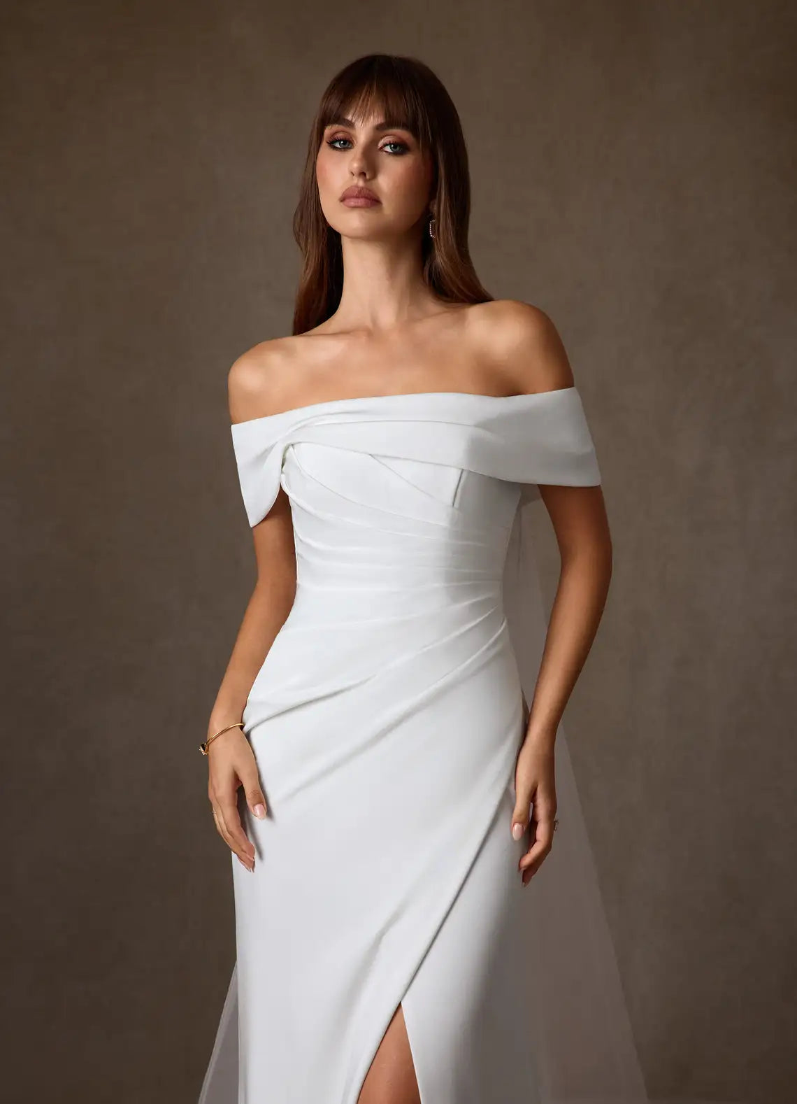 Off-the-shoulder Neckline With Draped Detail Off-the-Shoulder Crepe Mermaid Wedding Dress with Slit