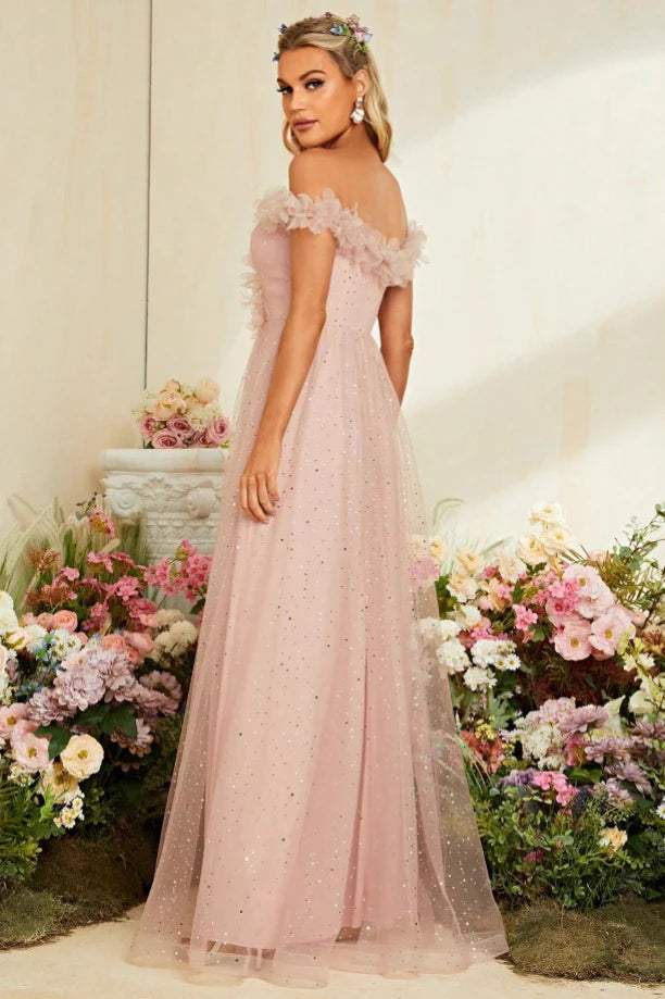 Off Shoulder Blush Pink Ruffled Sequin Tulle Evening Dresses with Front Slit and Floor-Length Skirt