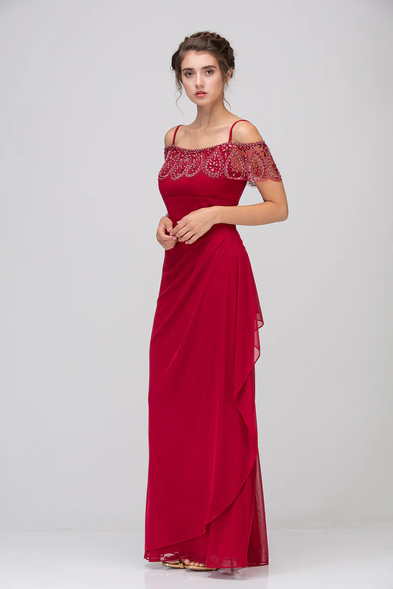 Off Shoulder Navy Blue Chiffon Evening Dresses with Beaded Bodice and Floor-Length Skirt
