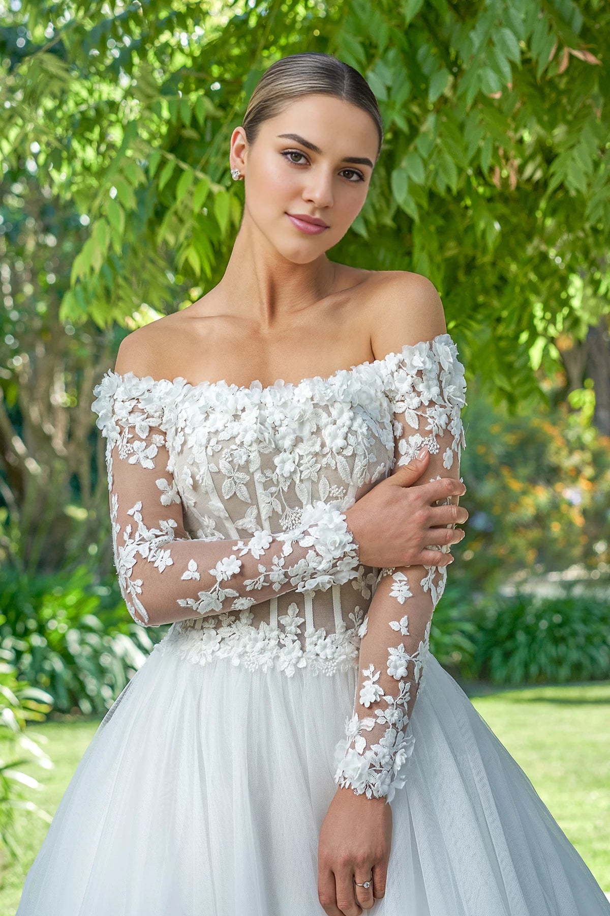 Off shoulder collar sheer lace decal strapless backless and floor length wedding dress