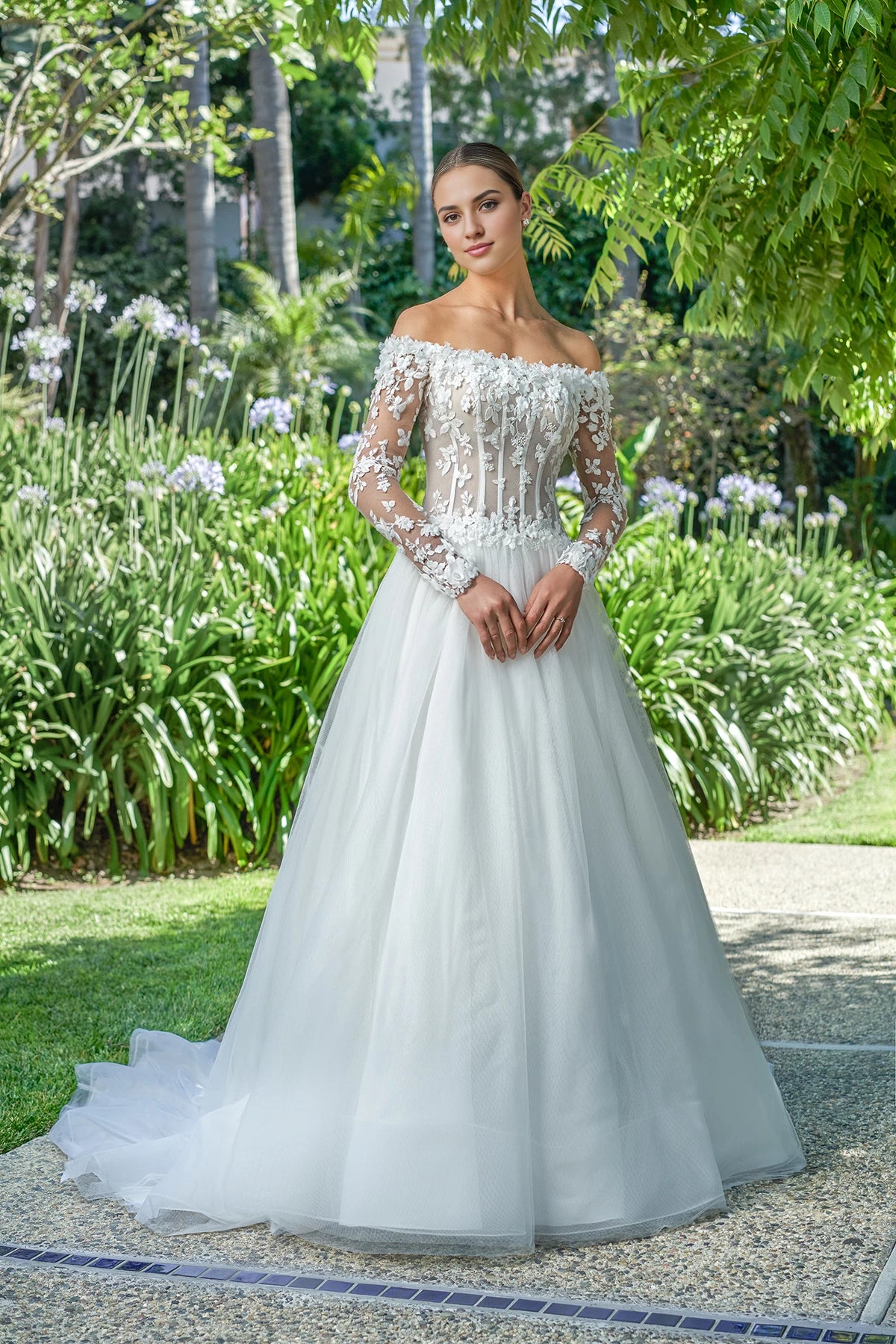 Off shoulder collar sheer lace decal strapless backless and floor length wedding dress