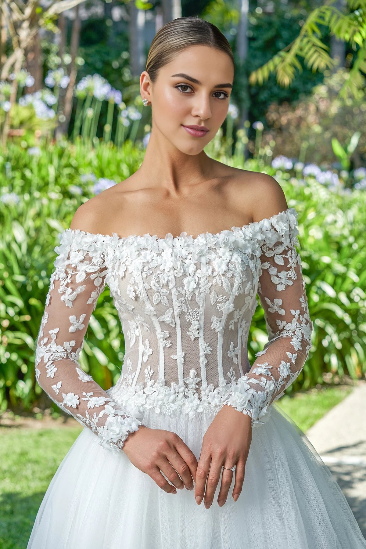 Off shoulder collar sheer lace decal strapless backless and floor length wedding dress