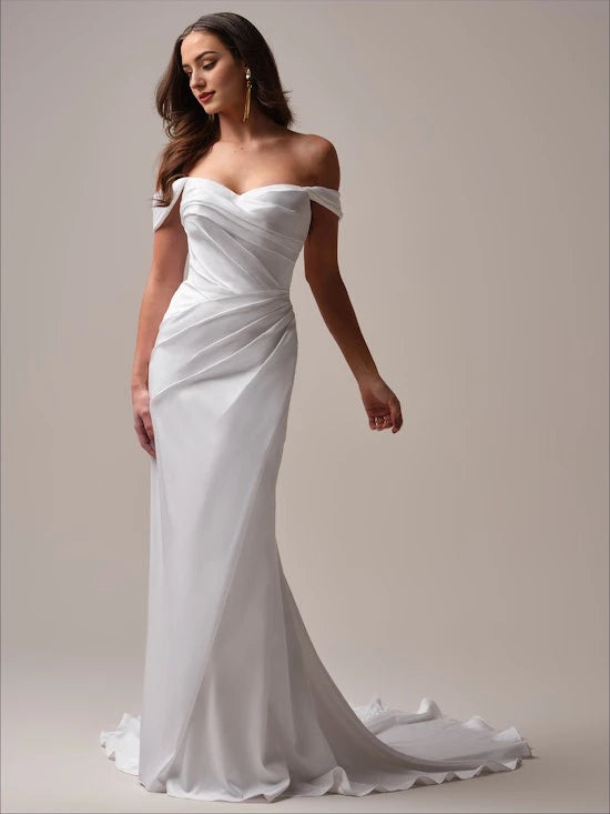 Off shoulder collar sleeveless and strapless pleated details backless and floor length wedding dress