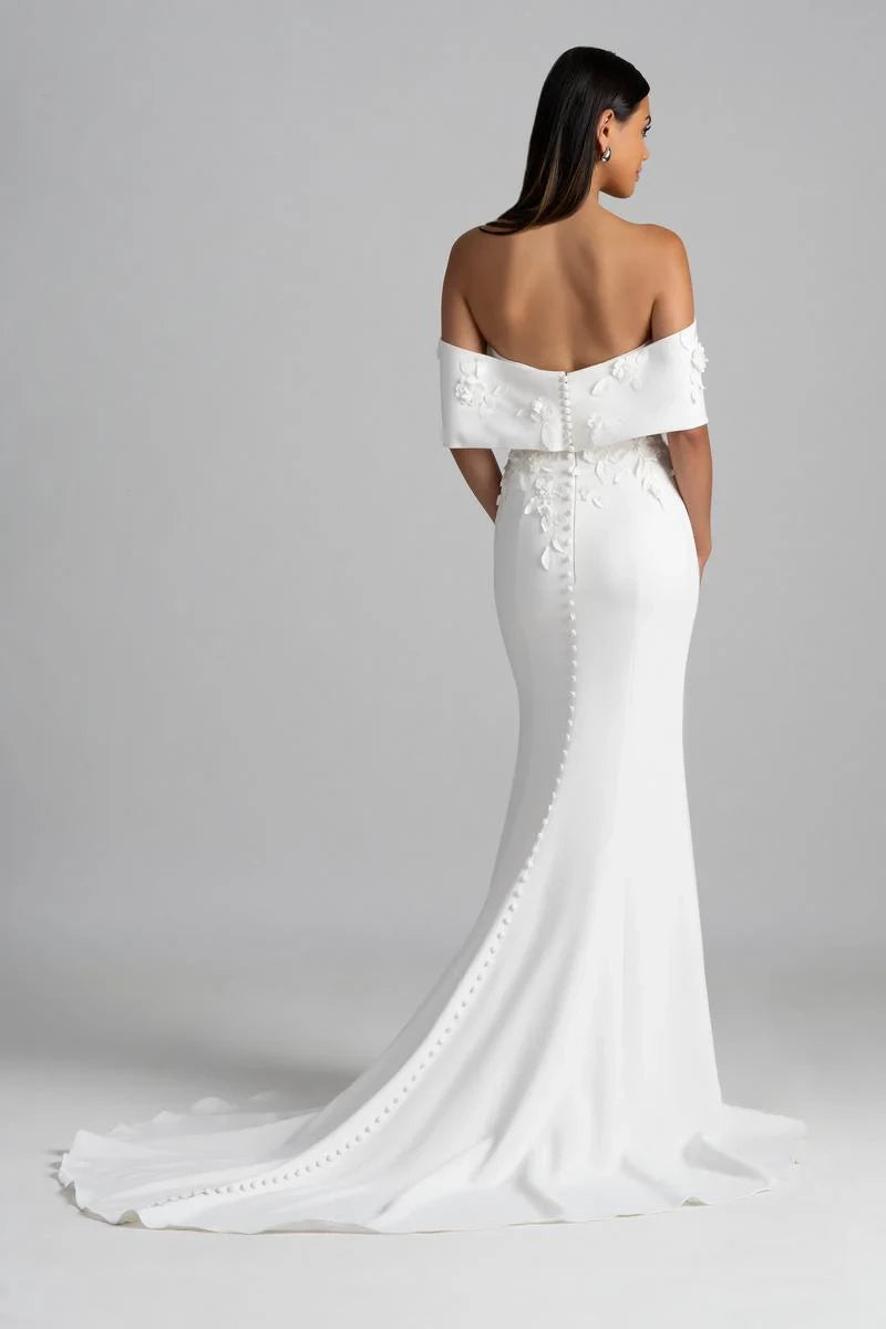 Off shoulder collar sleeveless strapless backless and floor length wedding dress