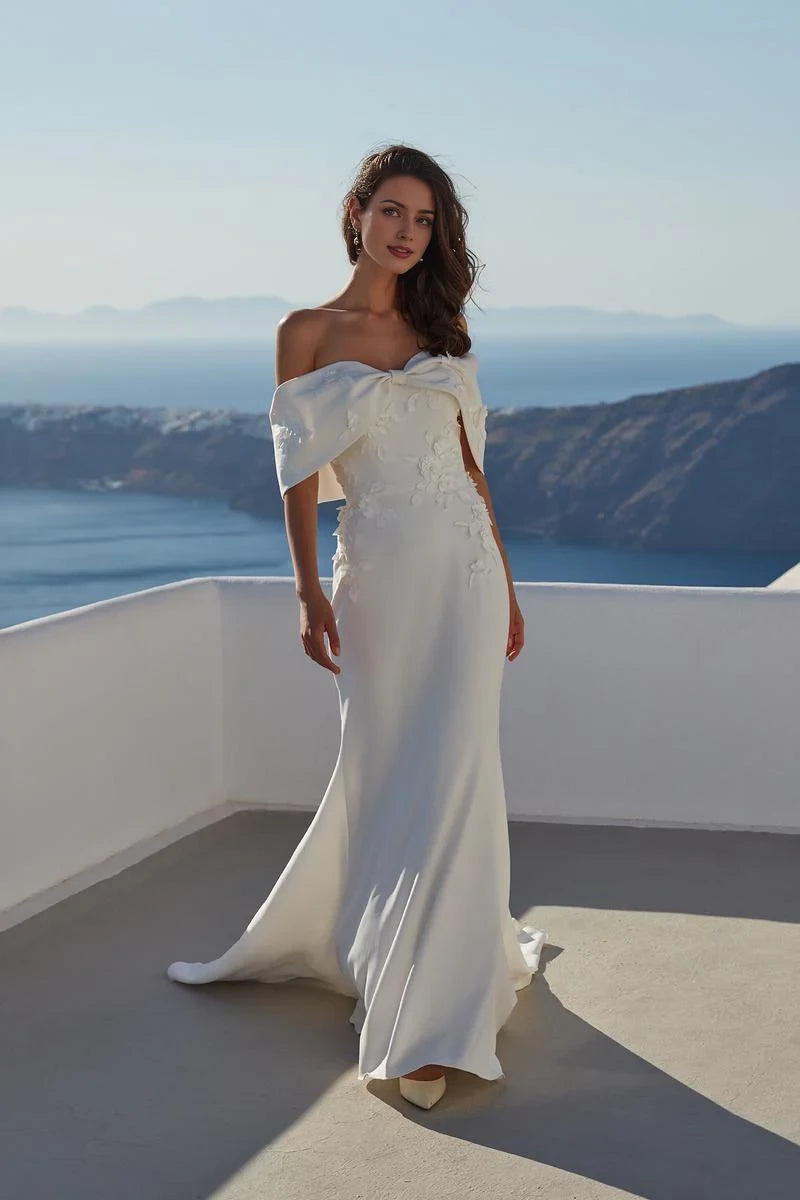 Off shoulder collar sleeveless strapless backless and floor length wedding dress
