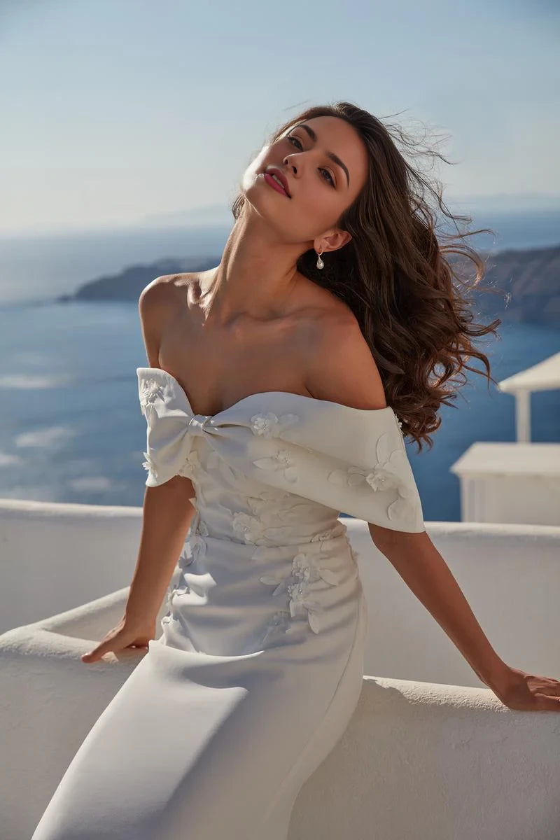 Off shoulder collar sleeveless strapless backless and floor length wedding dress