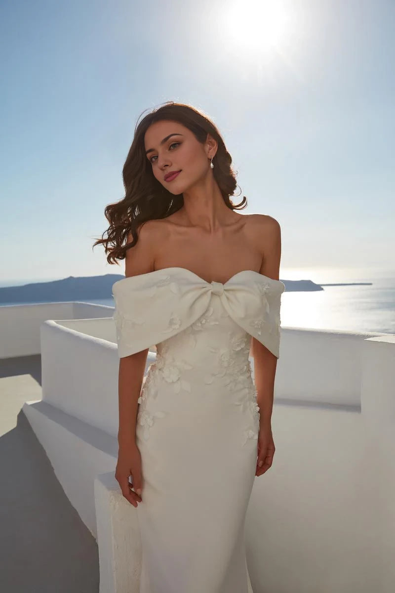 Off shoulder collar sleeveless strapless backless and floor length wedding dress