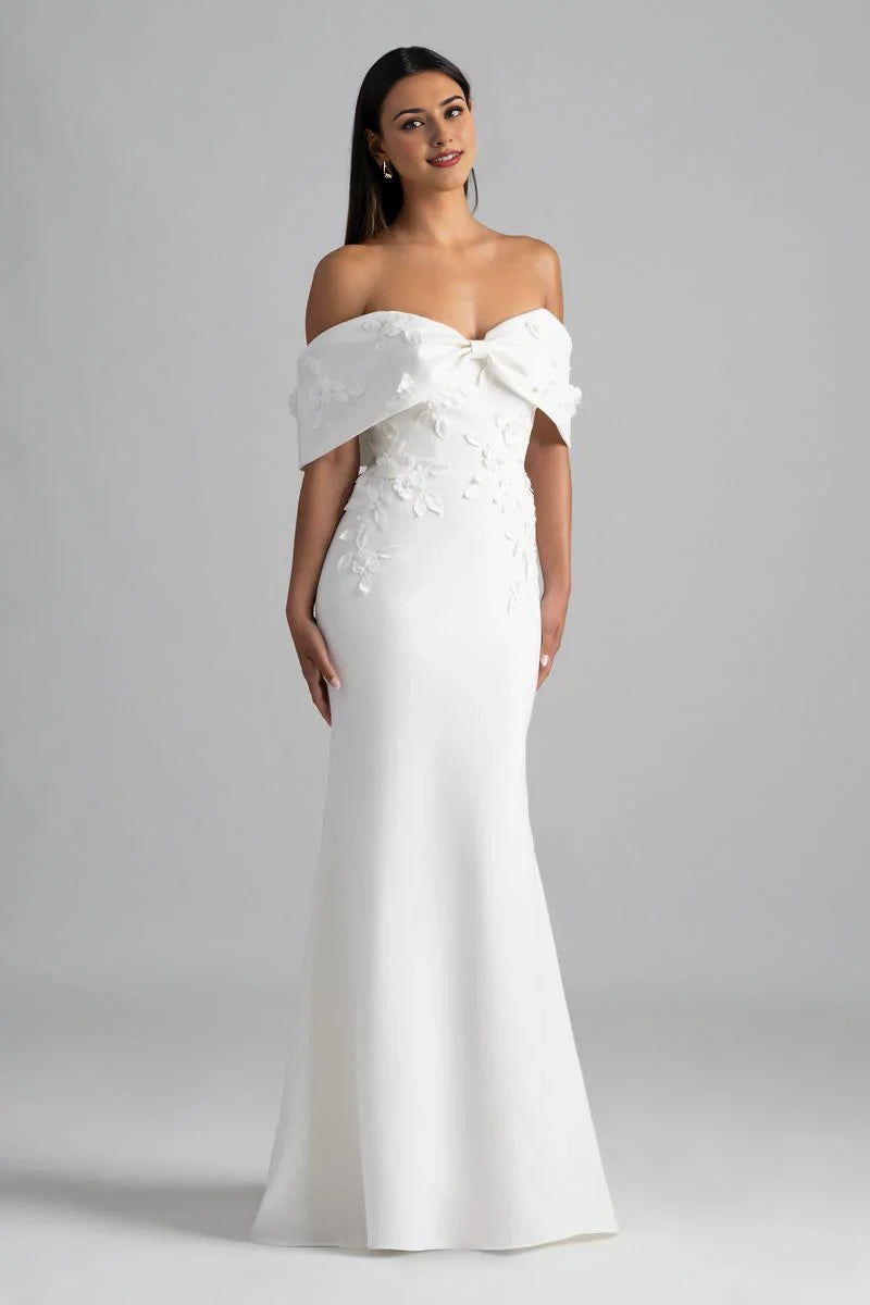 Off shoulder collar sleeveless strapless backless and floor length wedding dress