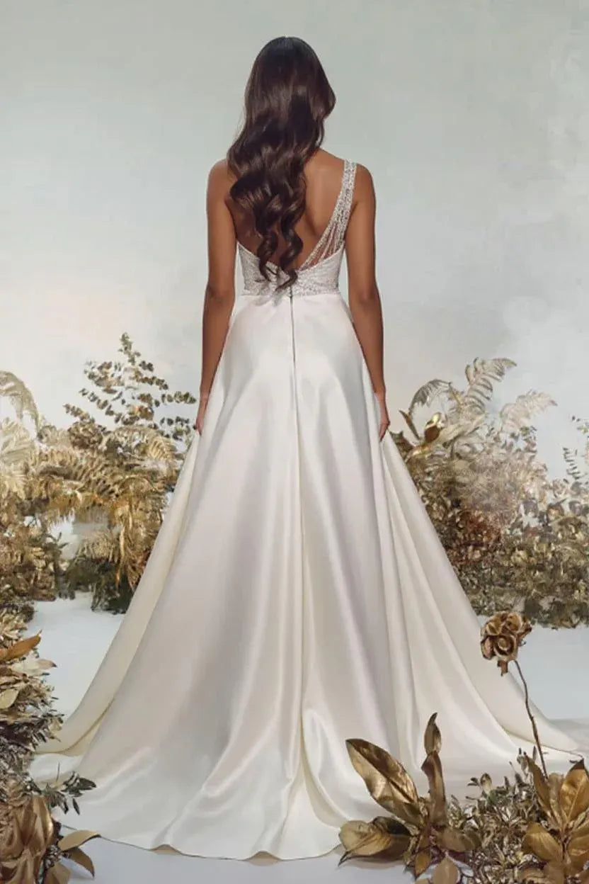 One-Shoulder Beaded & Satin Wedding Dress with High Slit