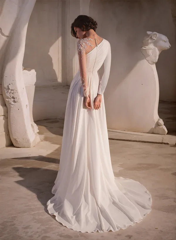 One-Shoulder Chiffon A-Line Wedding Dress with Lace Sleeve & Slit - Modern Bridal Gown