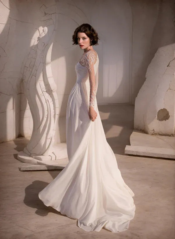 One-Shoulder Chiffon A-Line Wedding Dress with Lace Sleeve & Slit - Modern Bridal Gown