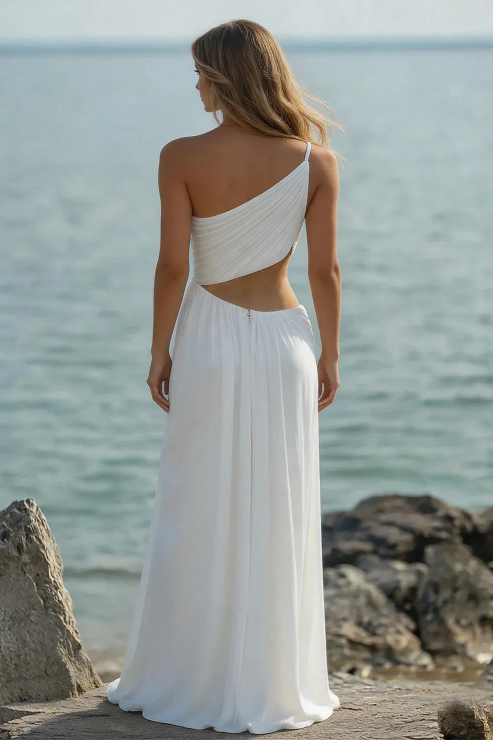 One-Shoulder Cutout Pleated Chiffon Wedding Dress - Modern Beach Bridal Gown