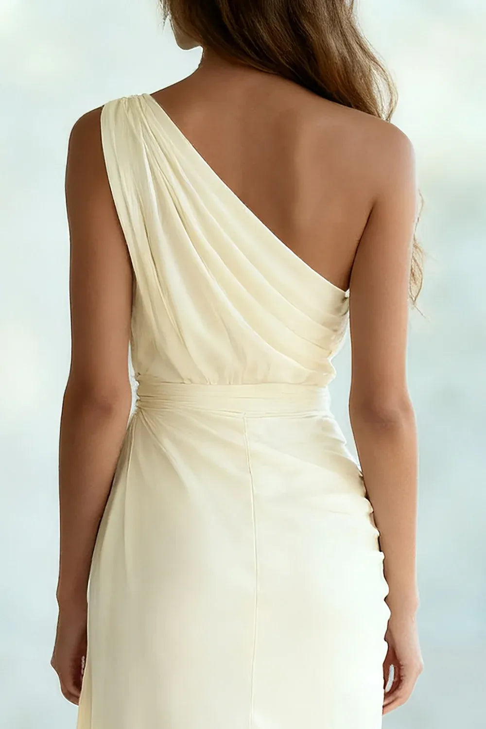 One-Shoulder Draped Chiffon Wedding Dress with Asymmetrical Hem - Modern Bridal Gown