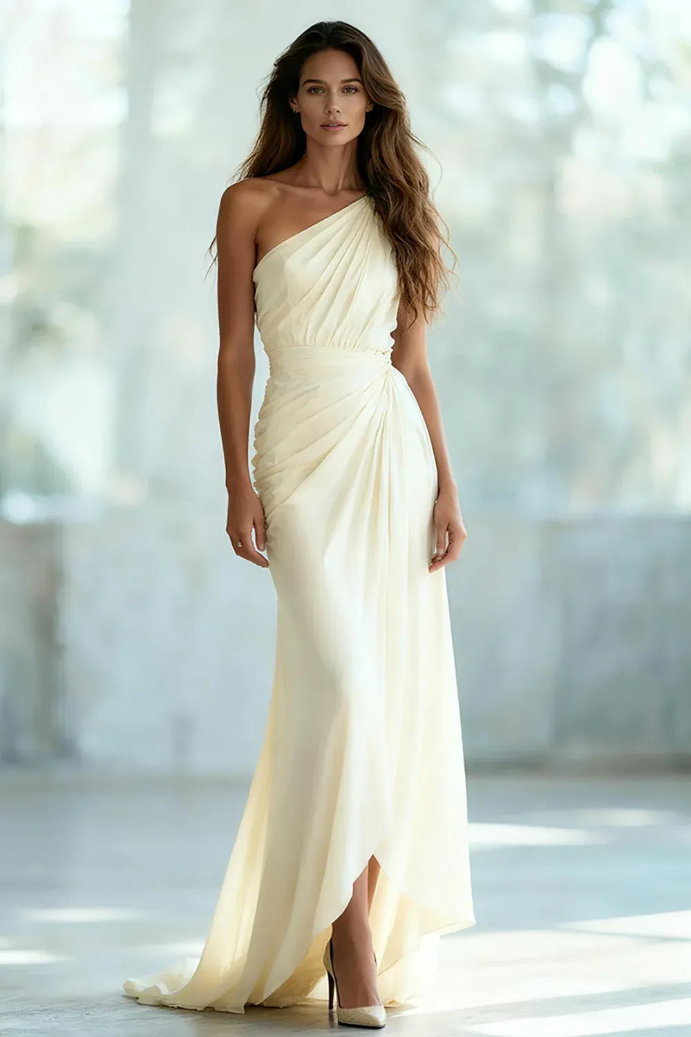 One-Shoulder Draped Chiffon Wedding Dress with Asymmetrical Hem - Modern Bridal Gown
