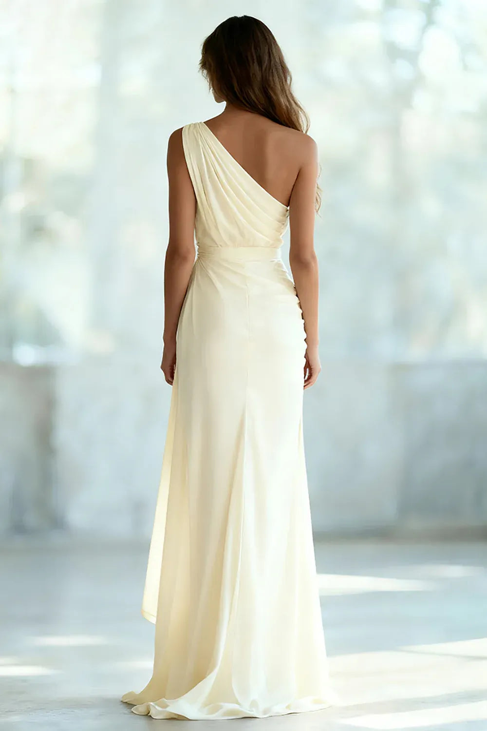 One-Shoulder Draped Chiffon Wedding Dress with Asymmetrical Hem - Modern Bridal Gown