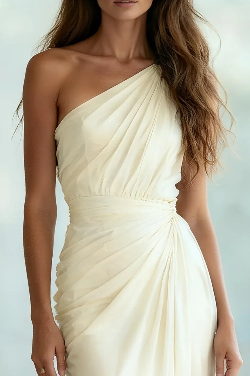 One-Shoulder Draped Chiffon Wedding Dress with Asymmetrical Hem - Modern Bridal Gown