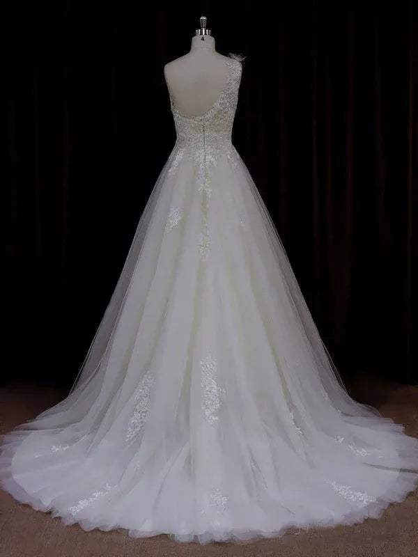 Wonderful One-Shoulder Lace Tulle A-Line Wedding Dress with Beaded Waistband