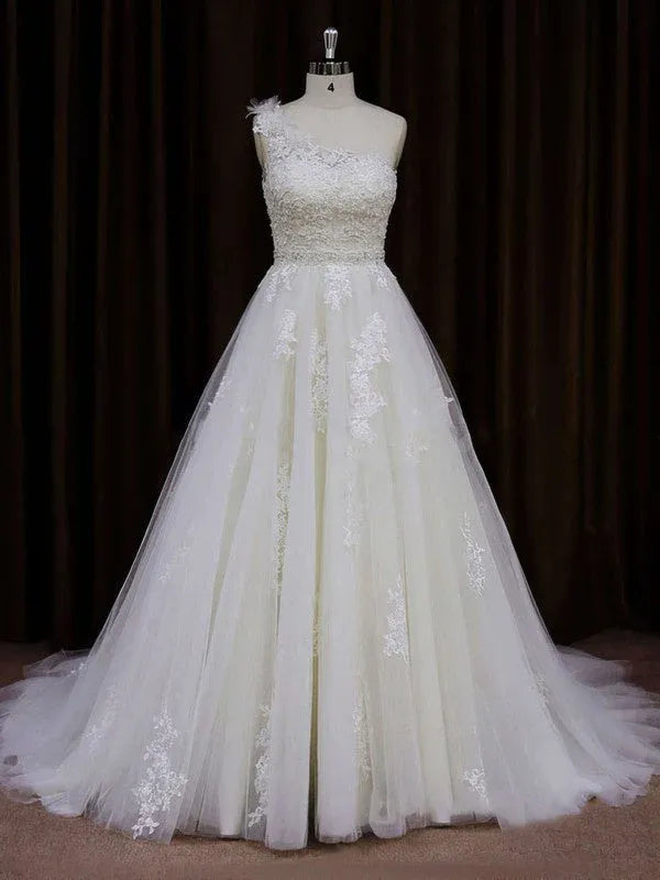 Wonderful One-Shoulder Lace Tulle A-Line Wedding Dress with Beaded Waistband