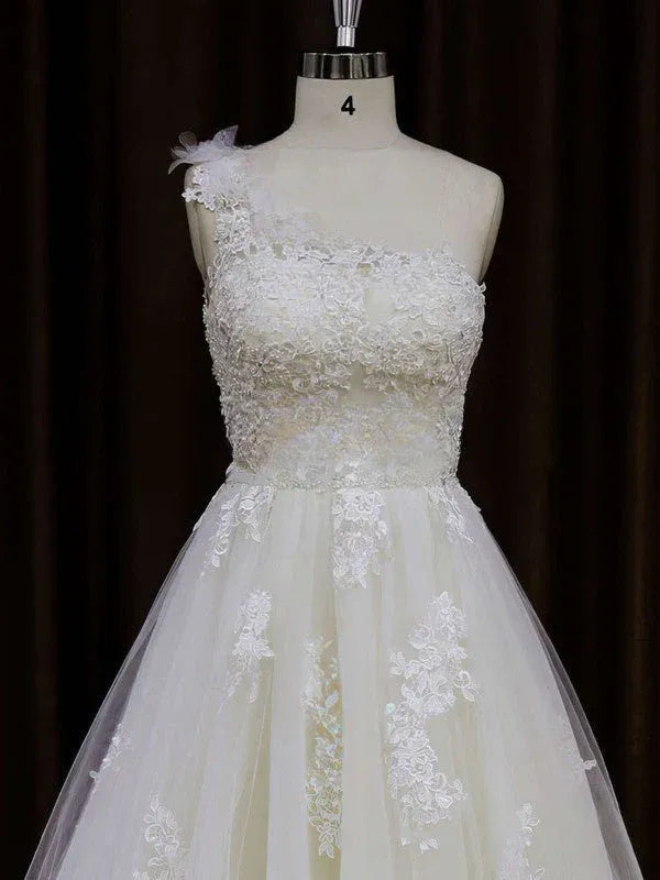 Wonderful One-Shoulder Lace Tulle A-Line Wedding Dress with Beaded Waistband