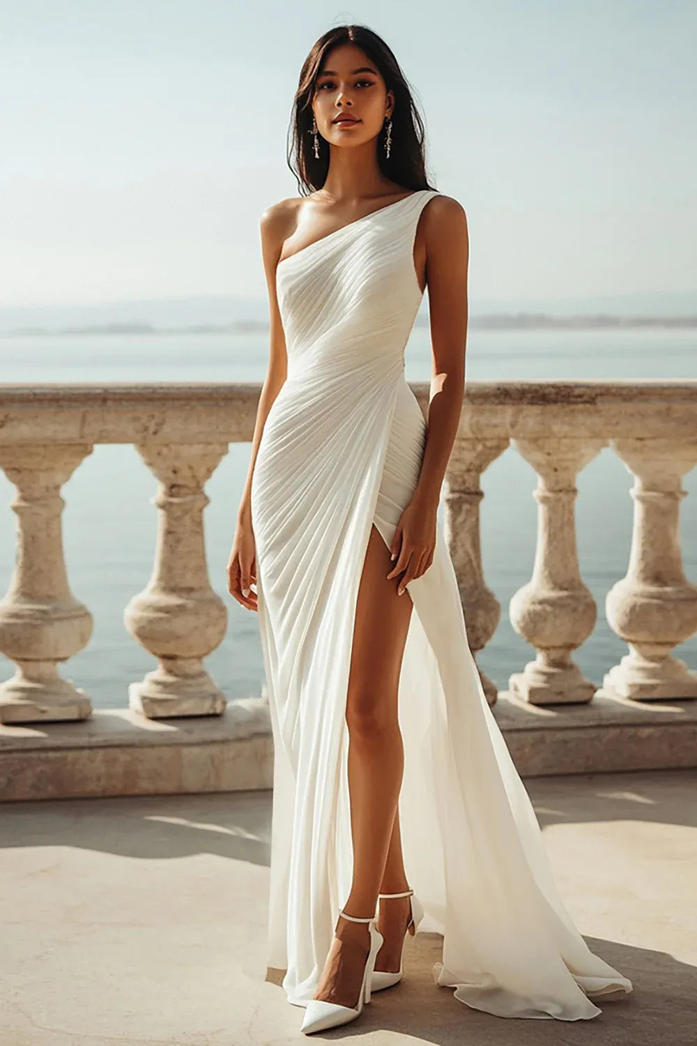 One-Shoulder Pleated Chiffon Wedding Dress with High Slit - Modern Beach Bridal Gown