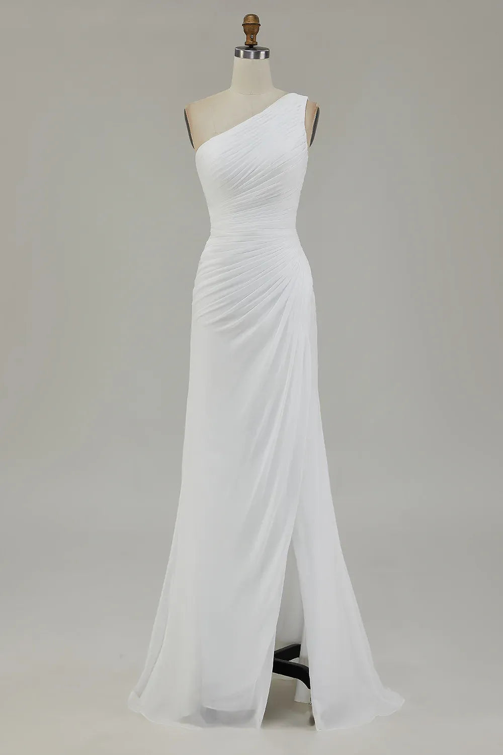 One-Shoulder Pleated Chiffon Wedding Dress with High Slit - Modern Beach Bridal Gown