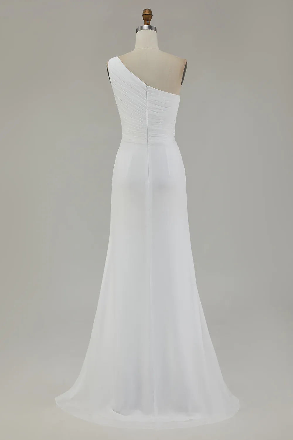 One-Shoulder Pleated Chiffon Wedding Dress with High Slit - Modern Beach Bridal Gown