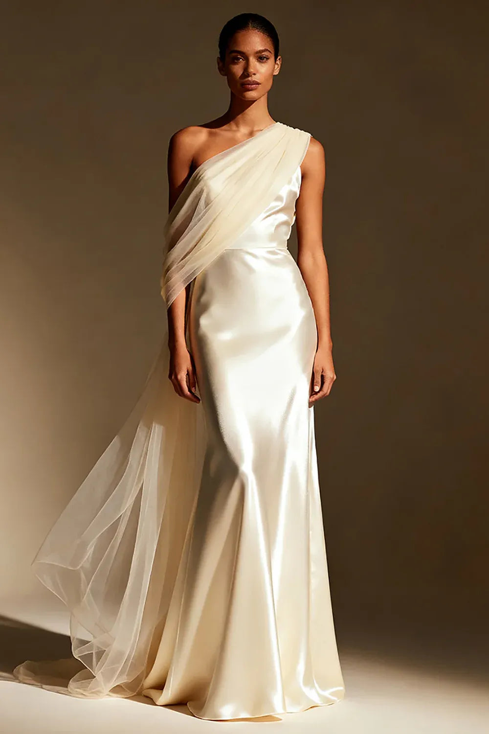 One-Shoulder Satin Mermaid Wedding Dress with Draped Tulle - Modern Bridal Gown