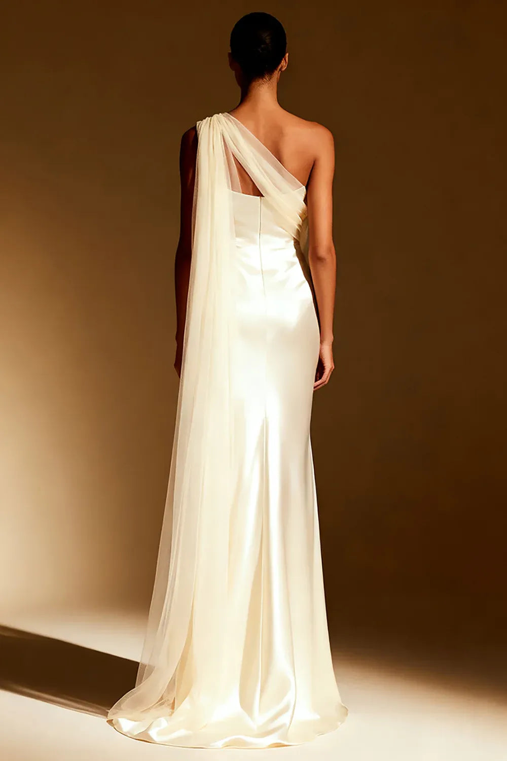 One-Shoulder Satin Mermaid Wedding Dress with Draped Tulle - Modern Bridal Gown