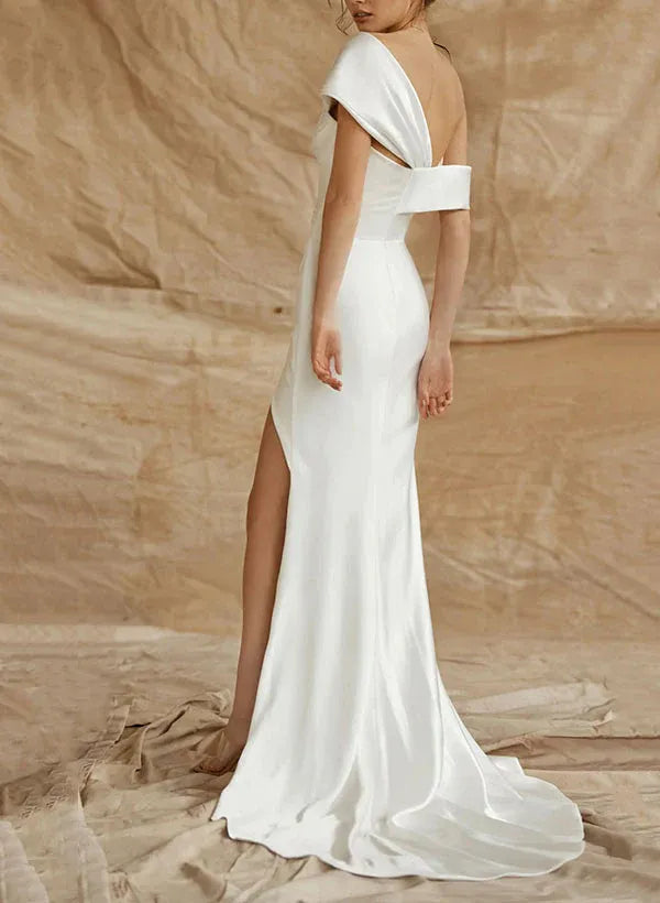 One-Shoulder Satin Mermaid Wedding Dress with Slit - Modern Bridal Gown