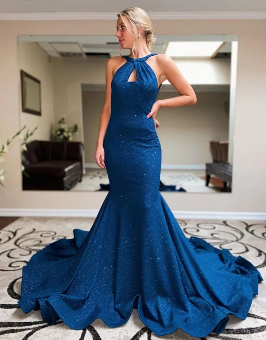 Mermaid Halter Neck Open Back Court Train Prom Dress