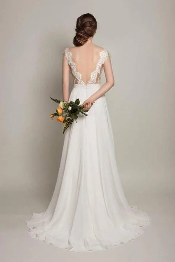 NumberSea Simple Chiffon Lace Scoop Open Back Sweep Train Wedding Dresses