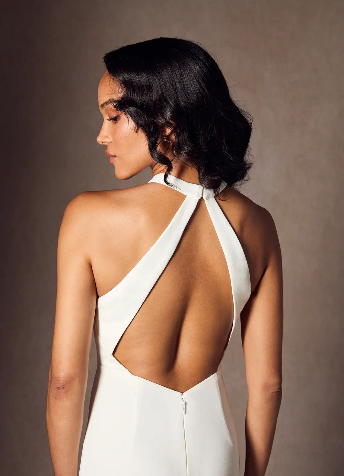 Open back with statement bow detail Minimalist Halter Neck Crepe Mermaid Wedding Dress with Bow Back