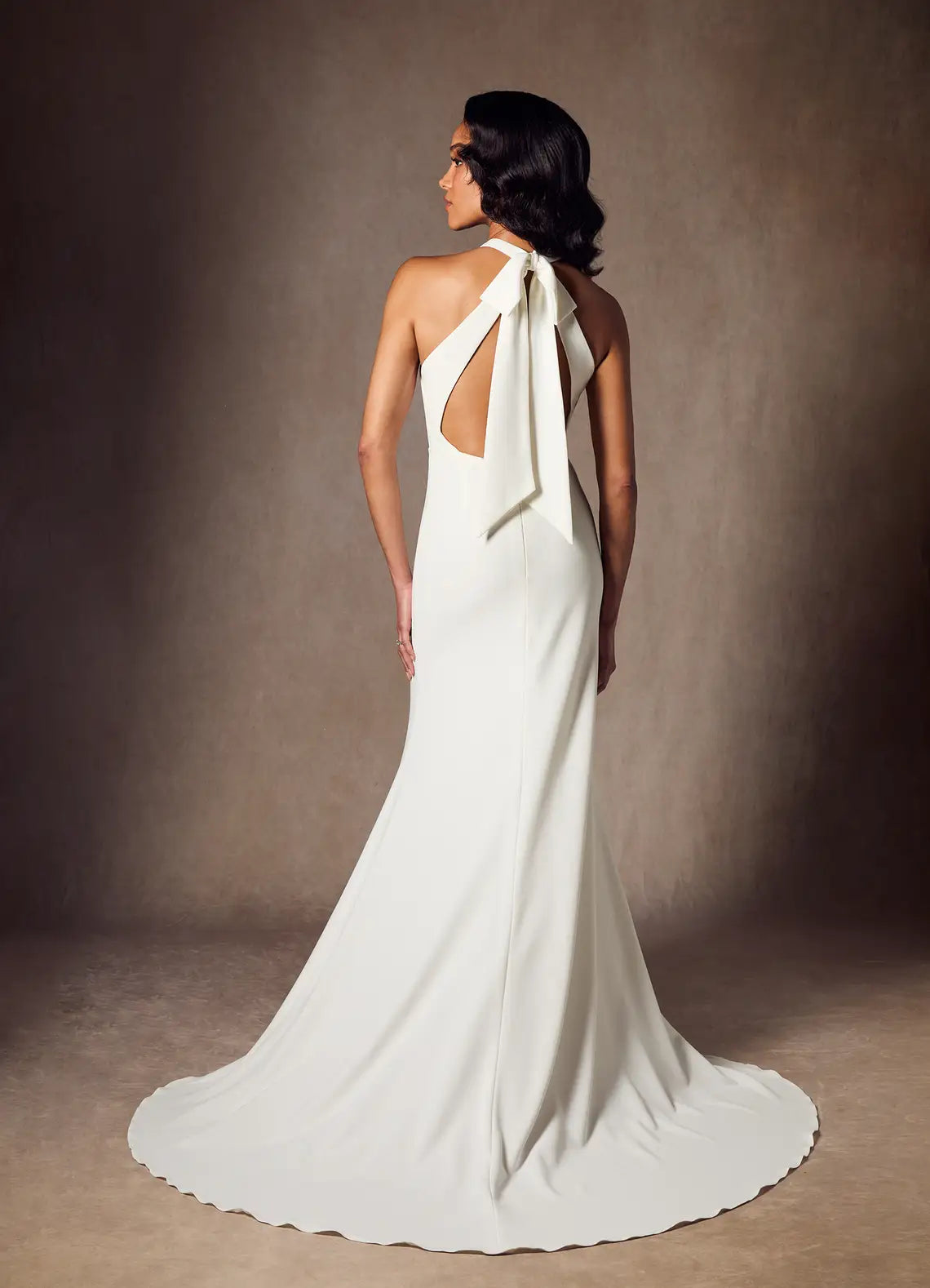 Open back with statement bow detail Minimalist Halter Neck Crepe Mermaid Wedding Dress with Bow Back