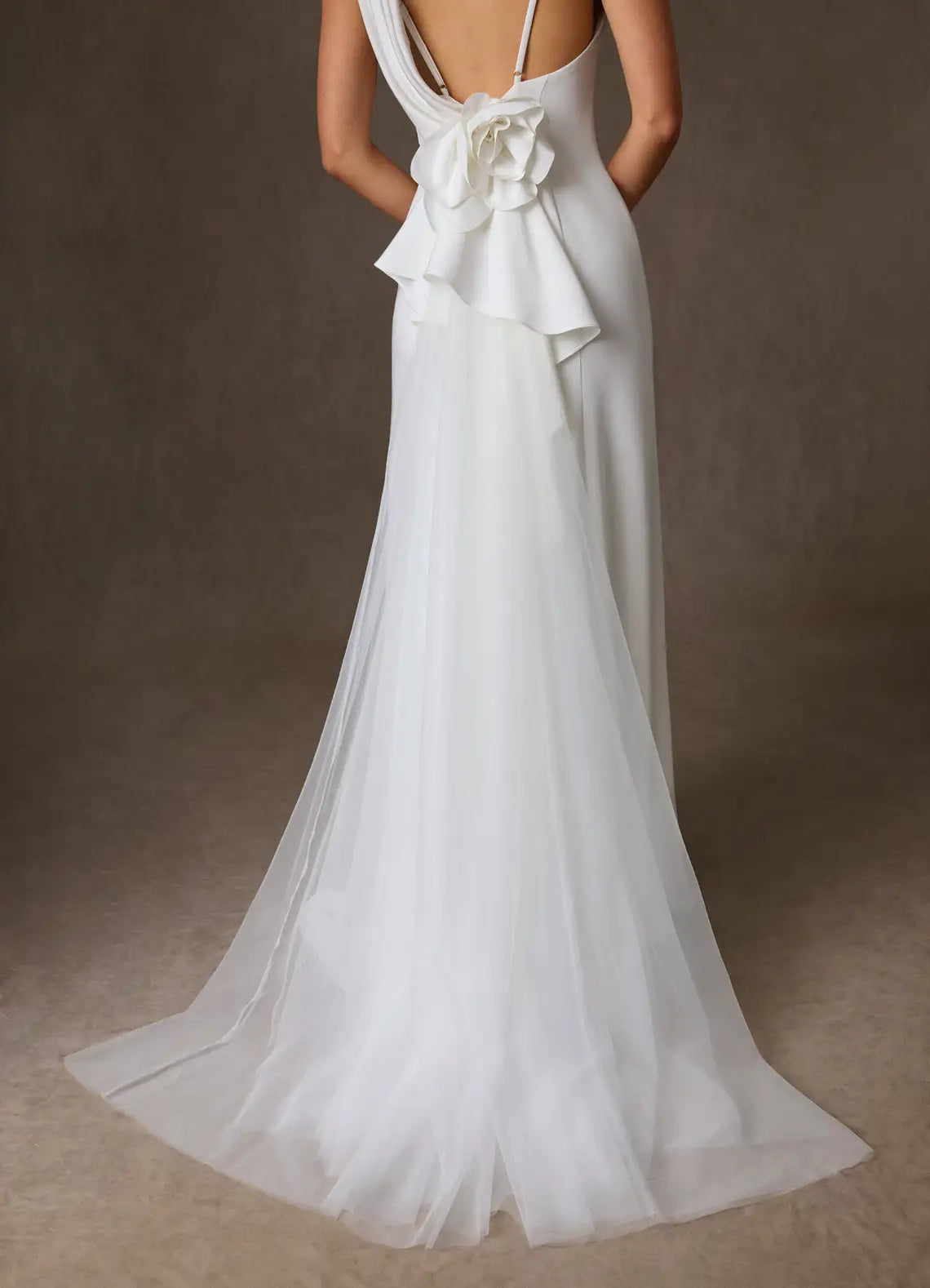 Open low back with tulle train extension Cowl Neck Satin Mermaid Wedding Dress with Floral Back Detail