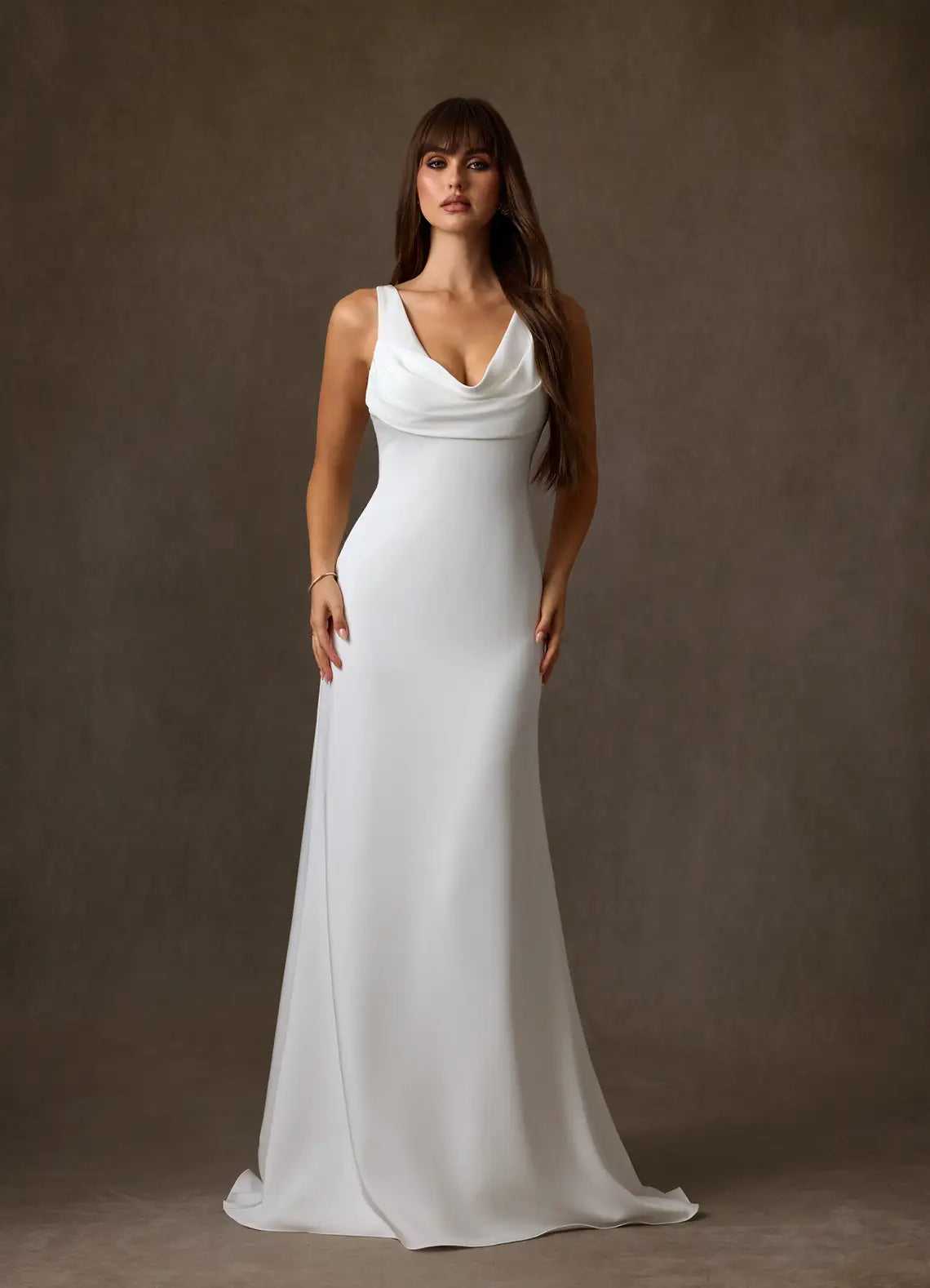 Open low back with tulle train extension Cowl Neck Satin Mermaid Wedding Dress with Floral Back Detail