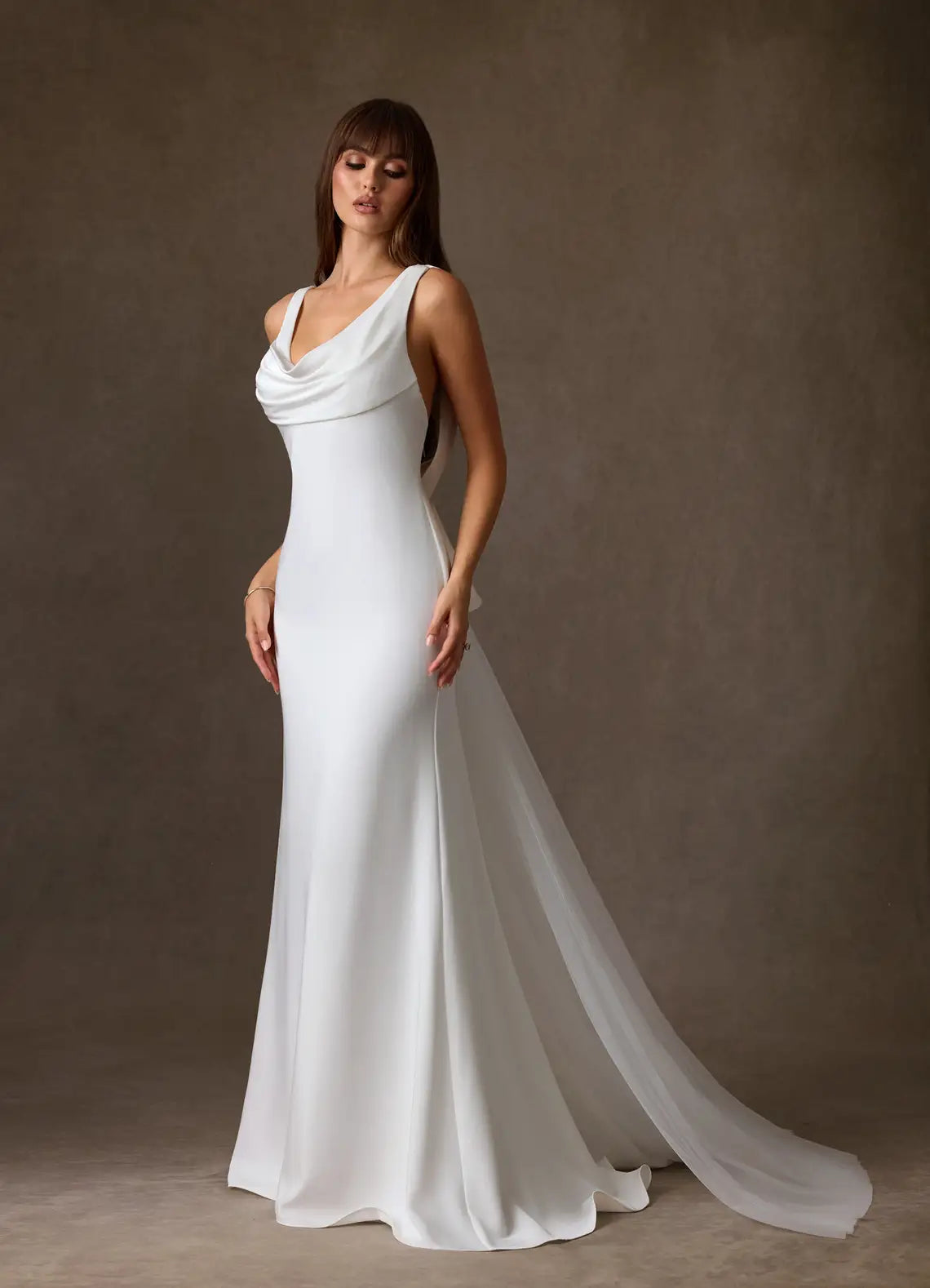 Open low back with tulle train extension Cowl Neck Satin Mermaid Wedding Dress with Floral Back Detail
