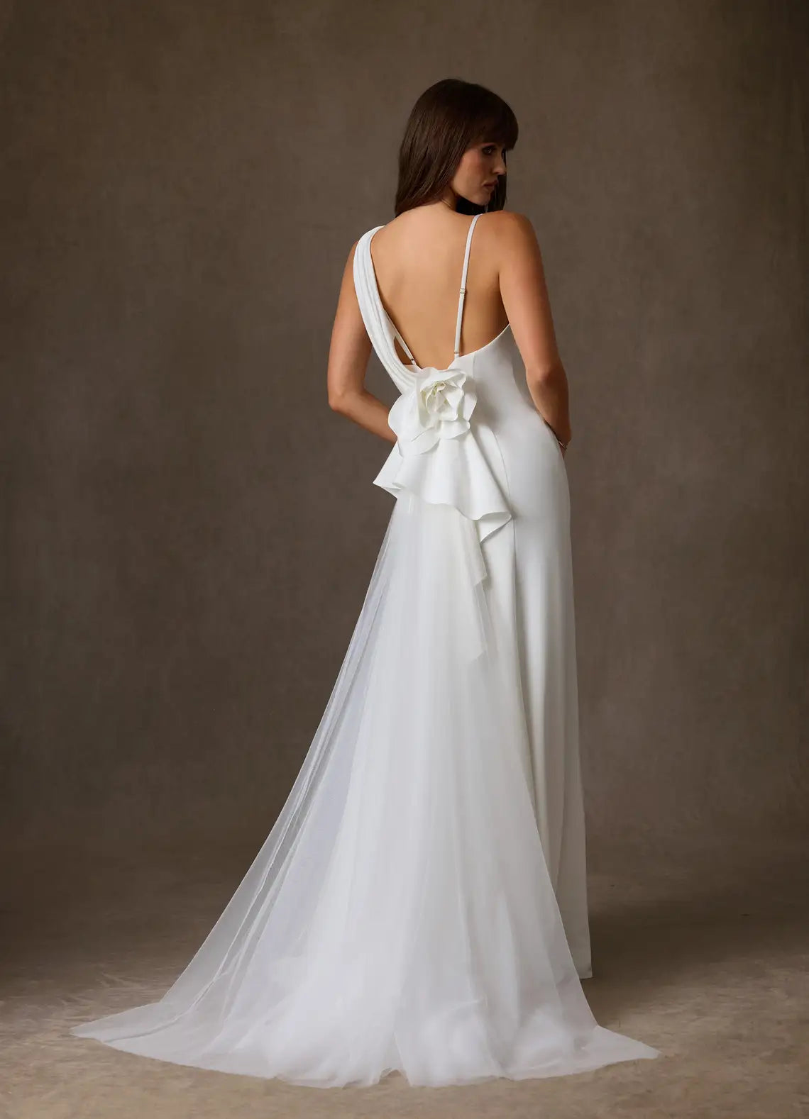 Open low back with tulle train extension Cowl Neck Satin Mermaid Wedding Dress with Floral Back Detail